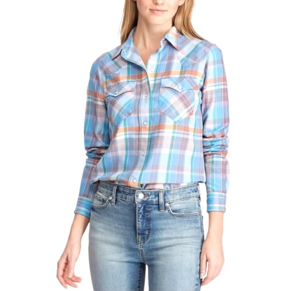 Ralph Lauren Plaid Western Pearl Snap Top Button Down Cotton Blouse Blue Small